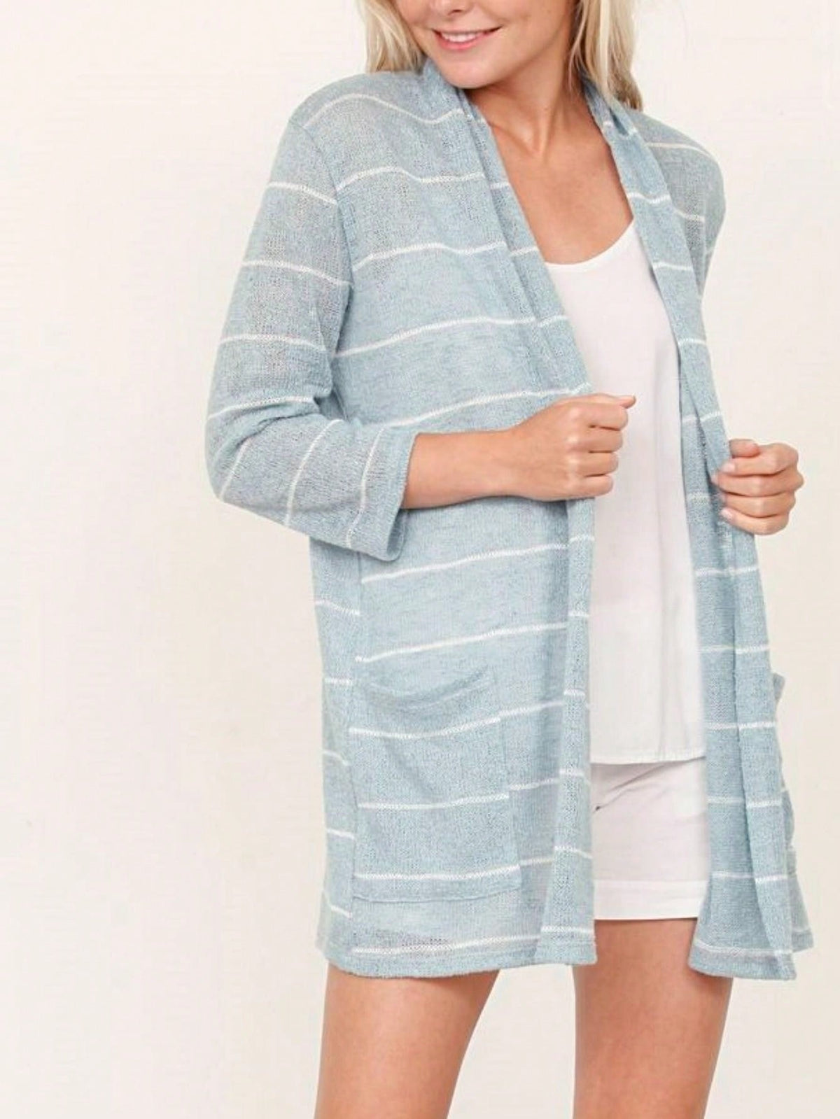 Boho Vintage Stripe Grey Violet Light Weight Three Quarter Sleeve  Knit Slouch Kimono Cardigan