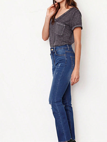 Cotton Tattered Hem Mid High Waist Cropped Semi Ankle Boot Cut Jeans