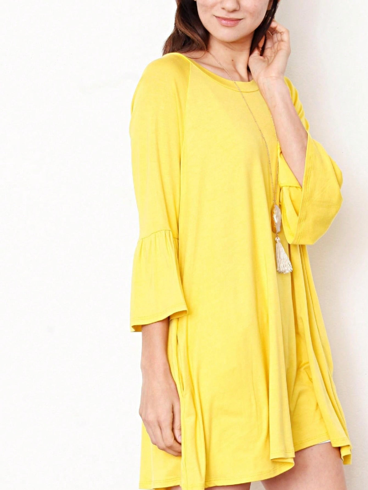 Boho Retro Mint Yellow Green Raglan Ruffle Sleeve Rayon Aline Cool Summer Tunic Dress With Pocket