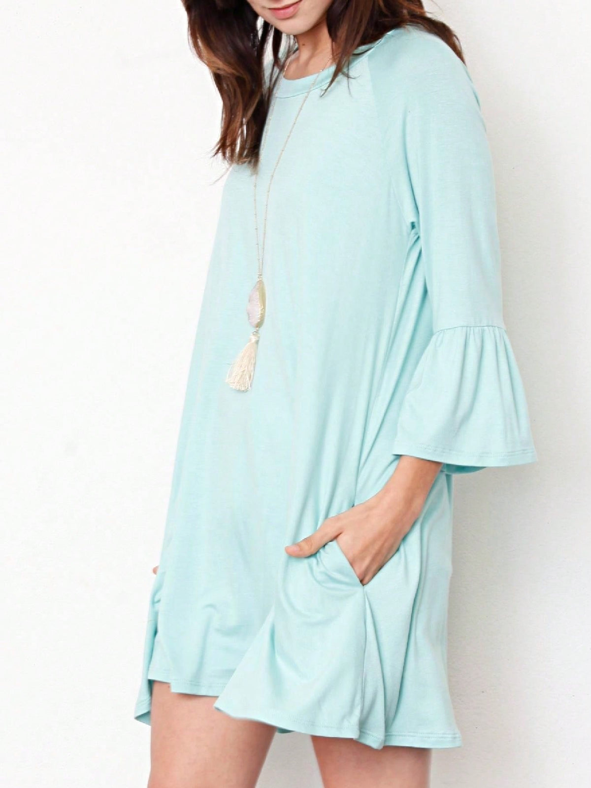 Boho Retro Mint Yellow Green Raglan Ruffle Sleeve Rayon Aline Cool Summer Tunic Dress With Pocket