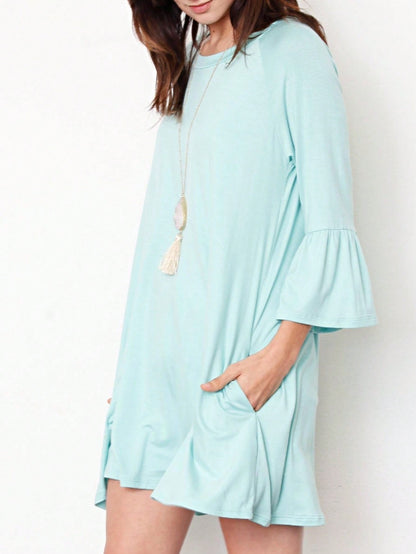 Boho Retro Mint Yellow Green Raglan Ruffle Sleeve Rayon Aline Cool Summer Tunic Dress With Pocket