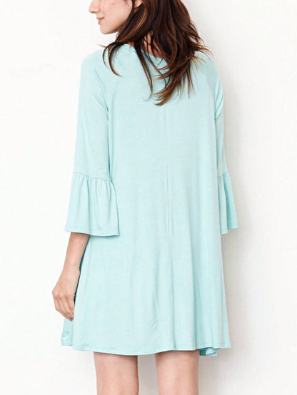 Boho Retro Mint Yellow Green Raglan Ruffle Sleeve Rayon Aline Cool Summer Tunic Dress With Pocket