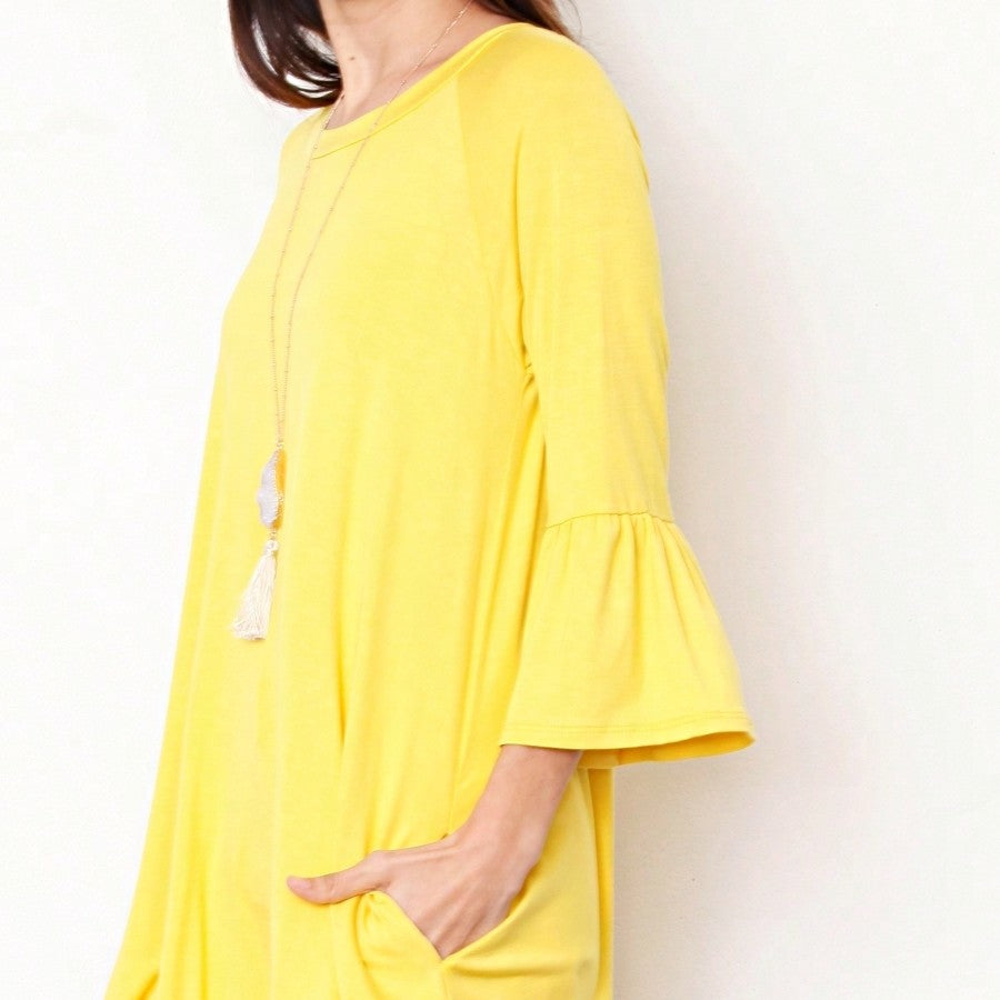 Boho Retro Mint Yellow Green Raglan Ruffle Sleeve Rayon Aline Cool Summer Tunic Dress With Pocket