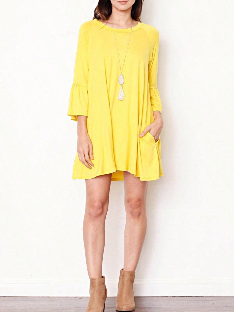 Boho Retro Mint Yellow Green Raglan Ruffle Sleeve Rayon Aline Cool Summer Tunic Dress With Pocket