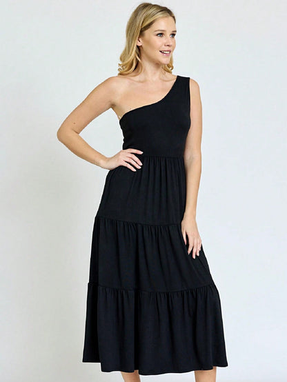 Boho Retro  Vintage Tiered Dress Black Navy Sage Khaki Beige One Shoulder Tiered Long Dress