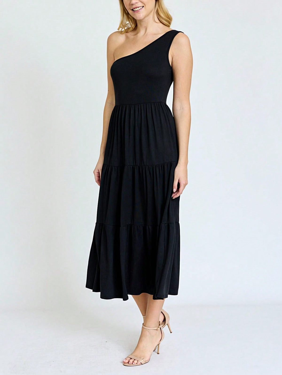 Boho Retro  Vintage Tiered Dress Black Navy Sage Khaki Beige One Shoulder Tiered Long Dress