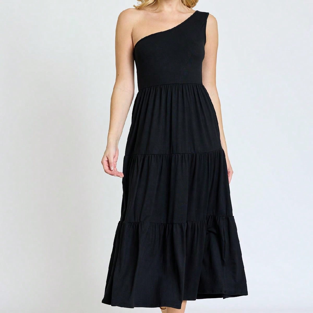 Boho Retro  Vintage Tiered Dress Black Navy Sage Khaki Beige One Shoulder Tiered Long Dress