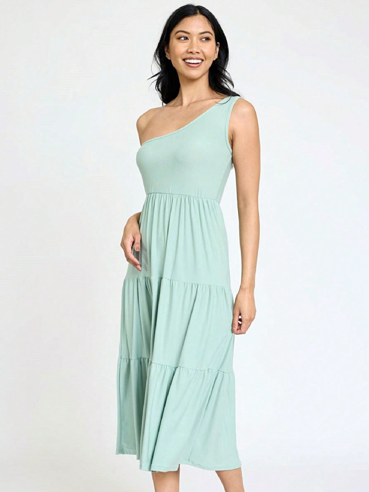 Boho Retro  Vintage Tiered Dress Black Navy Sage Khaki Beige One Shoulder Tiered Long Dress
