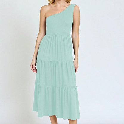 Boho Retro  Vintage Tiered Dress Black Navy Sage Khaki Beige One Shoulder Tiered Long Dress