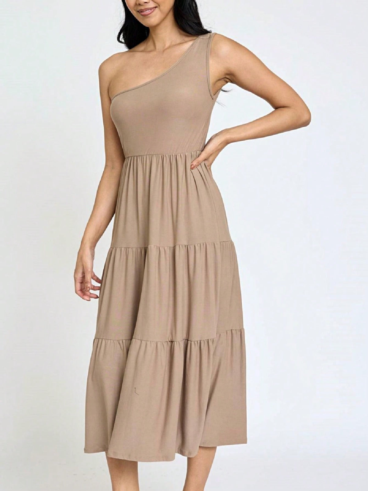 Boho Retro  Vintage Tiered Dress Black Navy Sage Khaki Beige One Shoulder Tiered Long Dress