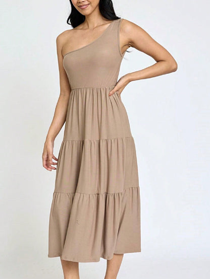 Boho Retro  Vintage Tiered Dress Black Navy Sage Khaki Beige One Shoulder Tiered Long Dress