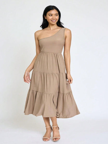 Boho Retro  Vintage Tiered Dress Black Navy Sage Khaki Beige One Shoulder Tiered Long Dress