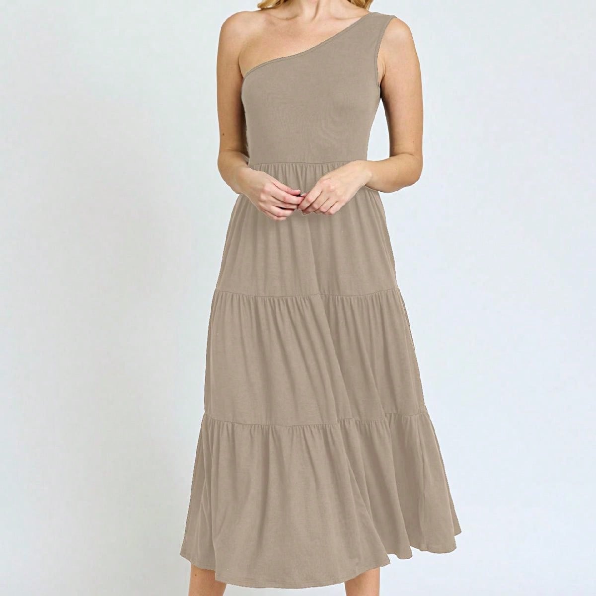 Boho Retro  Vintage Tiered Dress Black Navy Sage Khaki Beige One Shoulder Tiered Long Dress