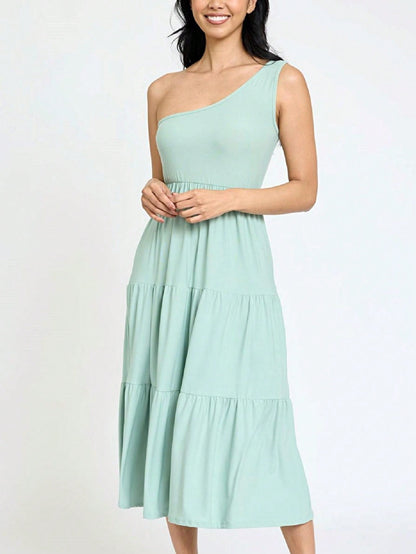 Boho Retro  Vintage Tiered Dress Black Navy Sage Khaki Beige One Shoulder Tiered Long Dress