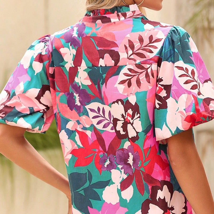 Boho Retro Vintage 60's Vibe Rose Green Cotton  V Notch Neck Lantern Bubble Sleeve Top Shirt Blouse