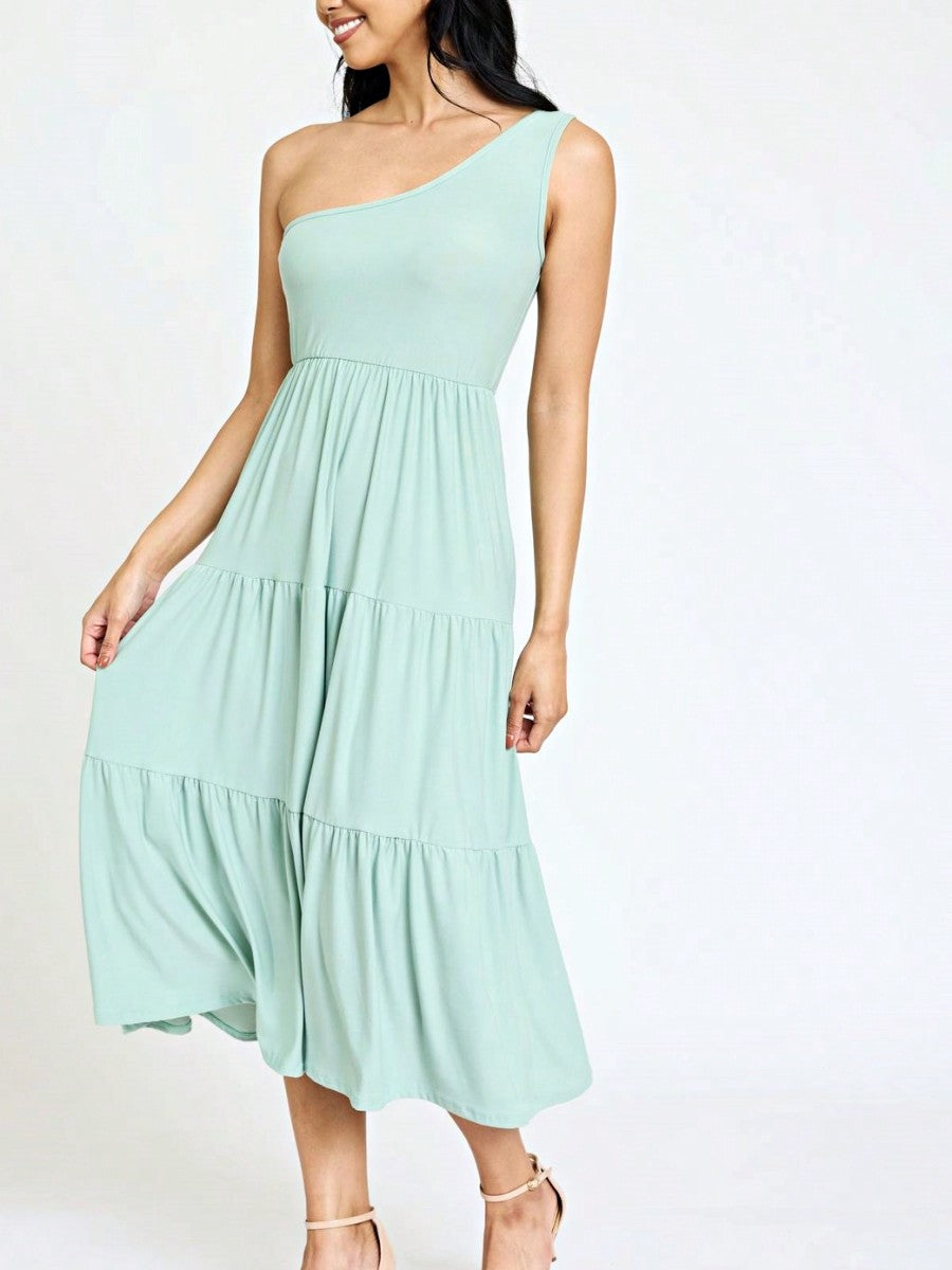 Boho Retro  Vintage Tiered Dress Black Navy Sage Khaki Beige One Shoulder Tiered Long Dress