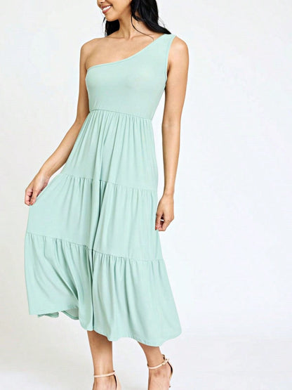 Boho Retro  Vintage Tiered Dress Black Navy Sage Khaki Beige One Shoulder Tiered Long Dress