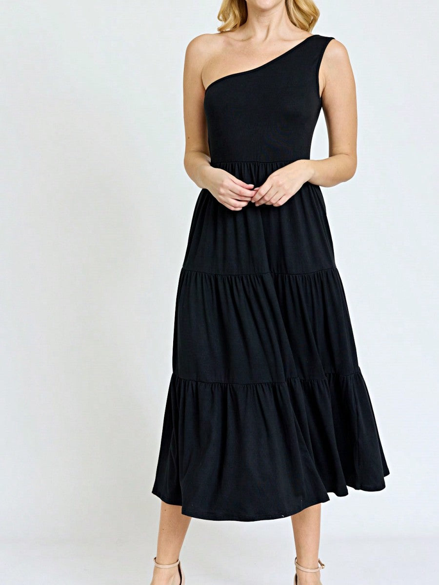 Boho Retro  Vintage Tiered Dress Black Navy Sage Khaki Beige One Shoulder Tiered Long Dress