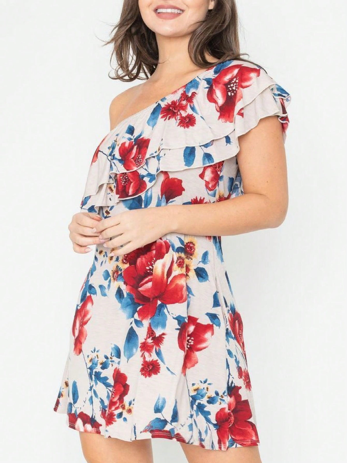 Boho Retro Knit Plaid Checker Floral Print Black Coral Cream Orange Off/One Shoulder Ruffle Sleeve Tiered Dress
