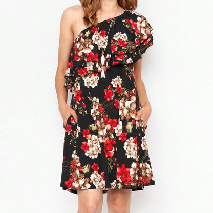 Boho Retro Knit Plaid Checker Floral Print Black Coral Cream Orange Off/One Shoulder Ruffle Sleeve Tiered Dress