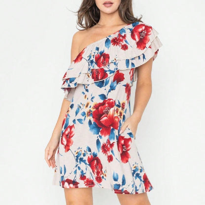 Boho Retro Knit Plaid Checker Floral Print Black Coral Cream Orange Off/One Shoulder Ruffle Sleeve Tiered Dress