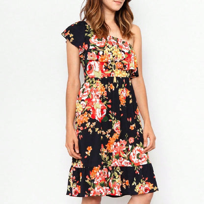 Boho Retro Knit Plaid Checker Floral Print Black Coral Cream Orange Off/One Shoulder Ruffle Sleeve Tiered Dress