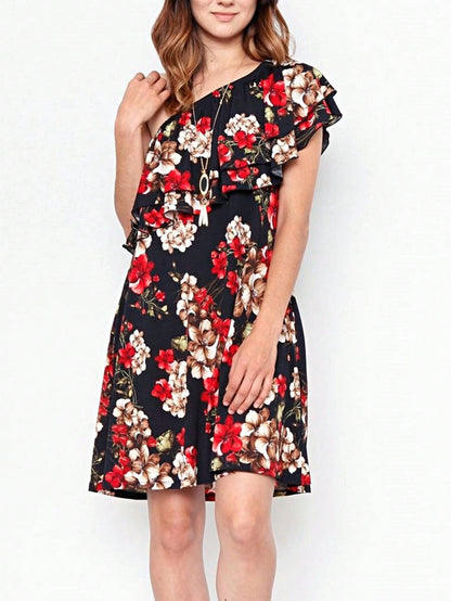 Boho Retro Knit Plaid Checker Floral Print Black Coral Cream Orange Off/One Shoulder Ruffle Sleeve Tiered Dress