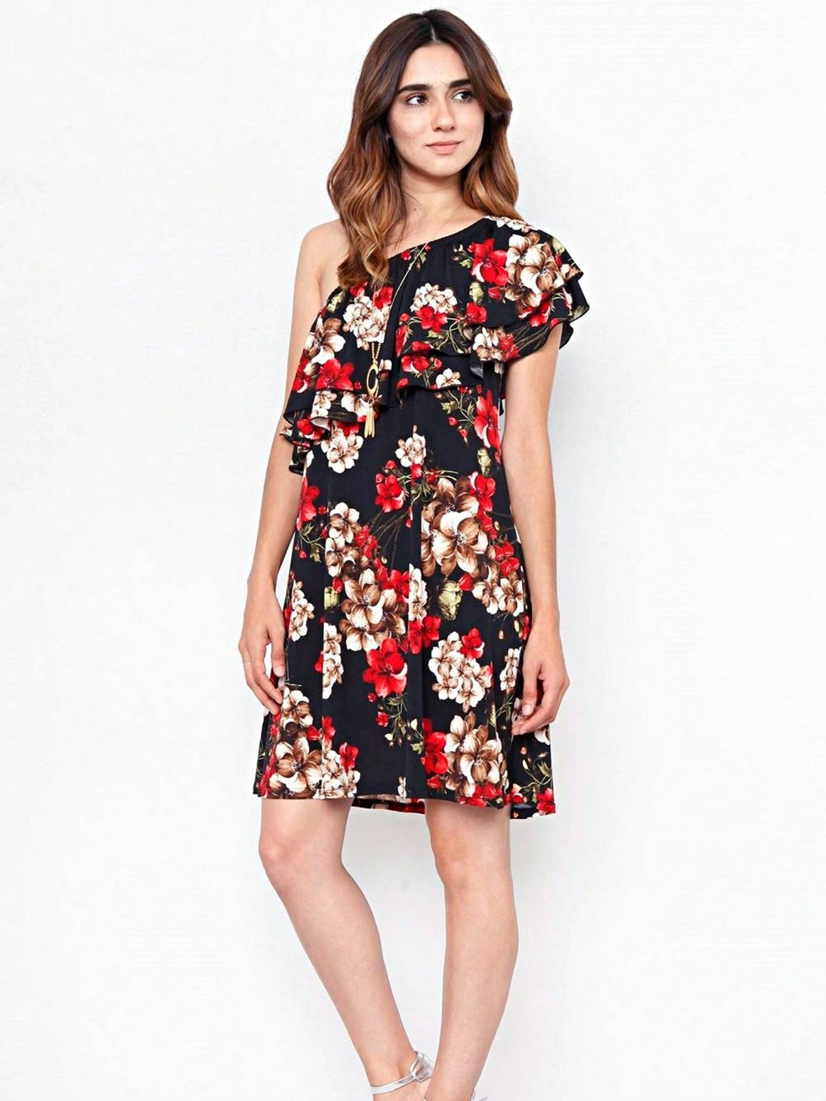 Boho Retro Knit Plaid Checker Floral Print Black Coral Cream Orange Off/One Shoulder Ruffle Sleeve Tiered Dress