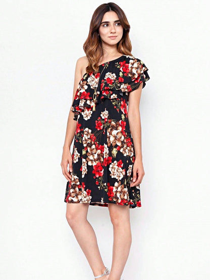 Boho Retro Knit Plaid Checker Floral Print Black Coral Cream Orange Off/One Shoulder Ruffle Sleeve Tiered Dress