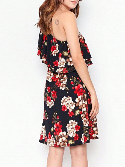 Boho Retro Knit Plaid Checker Floral Print Black Coral Cream Orange Off/One Shoulder Ruffle Sleeve Tiered Dress