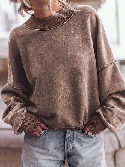 Boho Retro 60's Cotton Mix  Drop Shoulder Mineral Acid Washed Oversized Mock Neck Dolman T Shirt Top  Sweat Shirt