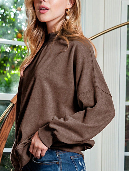 Boho Retro 60's Cotton Mix  Drop Shoulder Mineral Acid Washed Oversized Mock Neck Dolman T Shirt Top  Sweat Shirt