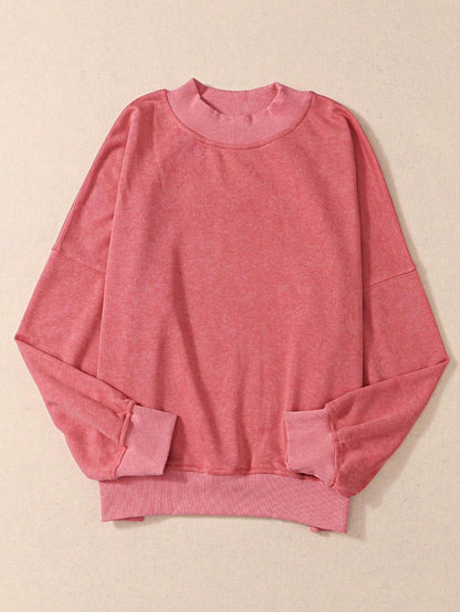 Boho Retro 60's Cotton Mix  Drop Shoulder Mineral Acid Washed Oversized Mock Neck Dolman T Shirt Top  Sweat Shirt