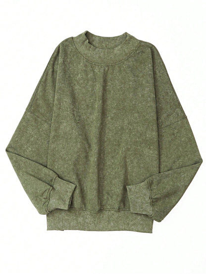 Boho Retro 60's Cotton Mix  Drop Shoulder Mineral Acid Washed Oversized Mock Neck Dolman T Shirt Top  Sweat Shirt