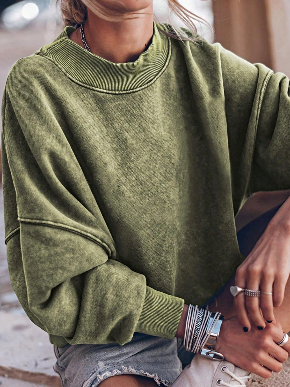 Boho Retro 60's Cotton Mix  Drop Shoulder Mineral Acid Washed Oversized Mock Neck Dolman T Shirt Top  Sweat Shirt
