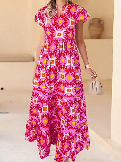Boho Vacation Geo Smocked Black Pink Wavy Trimmed Tiered Maxi Long Dress V Neck Versatile Summer Dress For Women