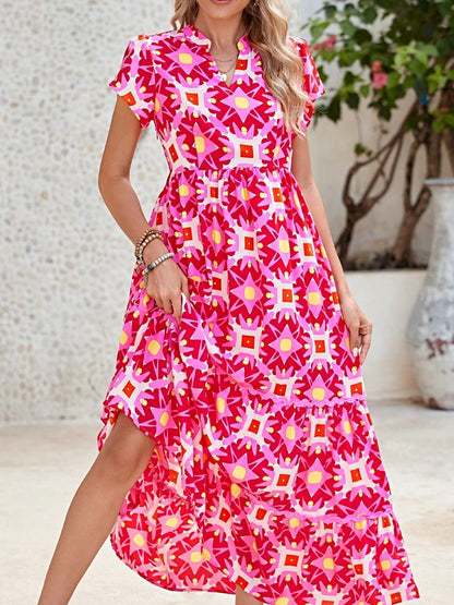 Boho Vacation Geo Smocked Black Pink Wavy Trimmed Tiered Maxi Long Dress V Neck Versatile Summer Dress For Women