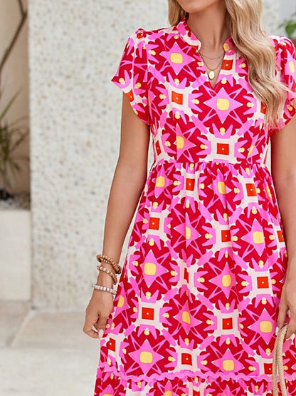 Boho Vacation Geo Smocked Black Pink Wavy Trimmed Tiered Maxi Long Dress V Neck Versatile Summer Dress For Women