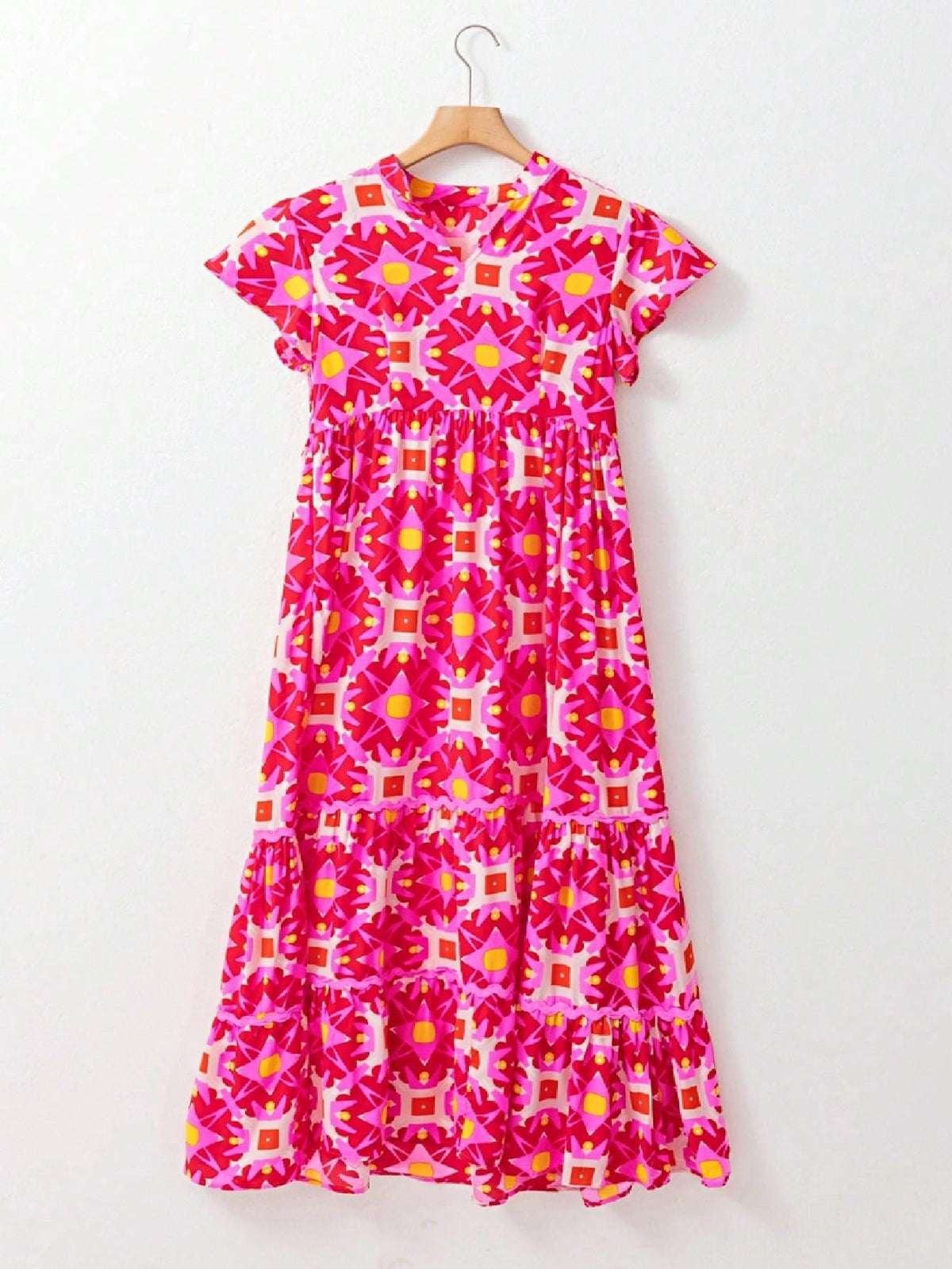 Boho Vacation Geo Smocked Black Pink Wavy Trimmed Tiered Maxi Long Dress V Neck Versatile Summer Dress For Women