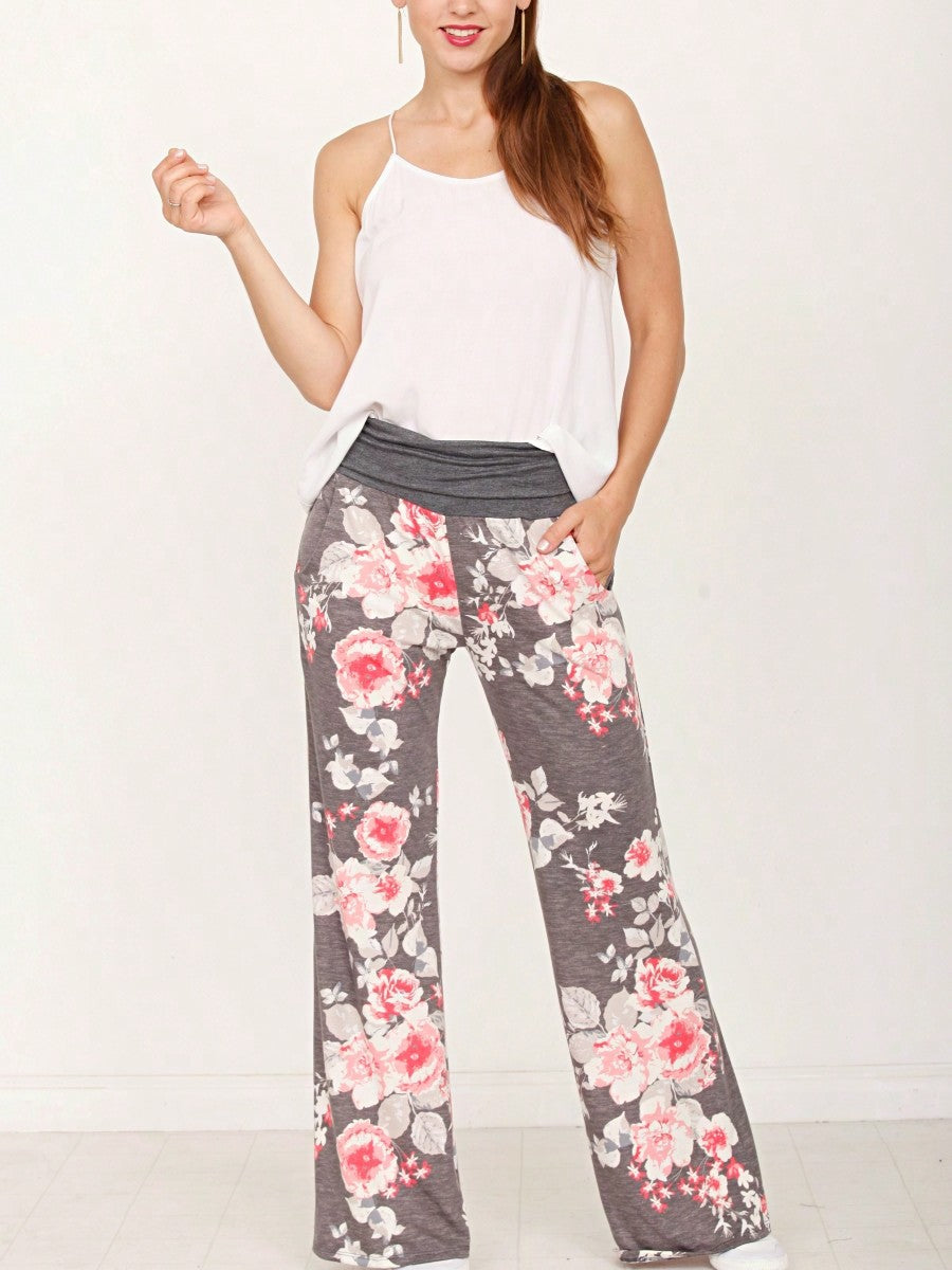Floral Drawstring Fold Over Band Wide Leg Lounge Pants