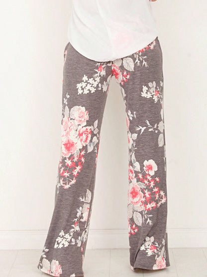 Floral Drawstring Fold Over Band Wide Leg Lounge Pants