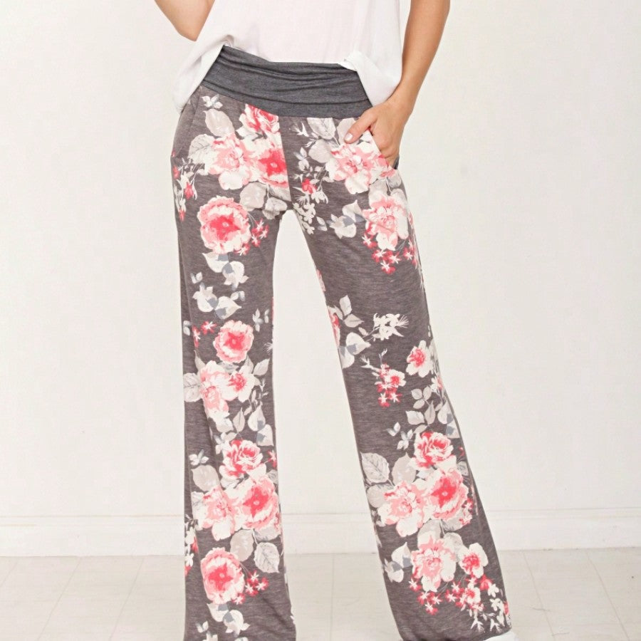 Floral Drawstring Fold Over Band Wide Leg Lounge Pants