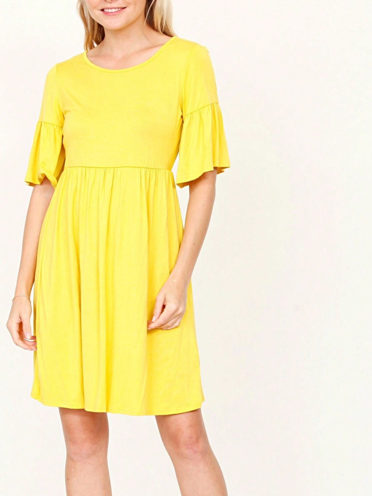 Boho Retro Yellow Black Navy Ruffle Short Sleeve Solid Color Rayon Smooth Cool Classic Dress
