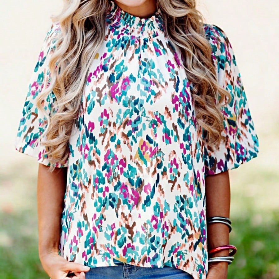 Boho Retro Vintage 60's Vibe Rose  Abstract Print Shirred Mock Button Neck Lantern Puff Bubble Sleeve Top Shirt Blouse