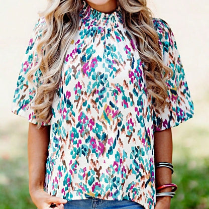 Boho Retro Vintage 60's Vibe Rose  Abstract Print Shirred Mock Button Neck Lantern Puff Bubble Sleeve Top Shirt Blouse