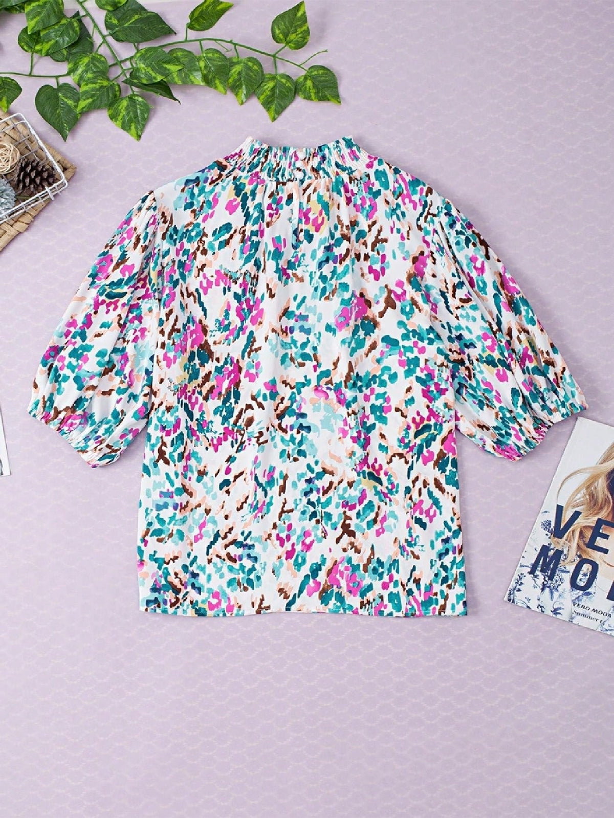 Boho Retro Vintage 60's Vibe Rose  Abstract Print Shirred Mock Button Neck Lantern Puff Bubble Sleeve Top Shirt Blouse