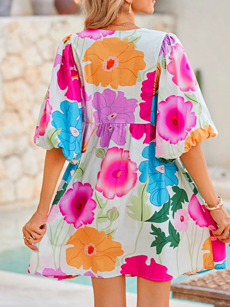 Boho Retro Vacation Cotton Ivory White Pink Green Floral Panel Tied Neck  Puff Lantern Sleeve Cool Summer Dress