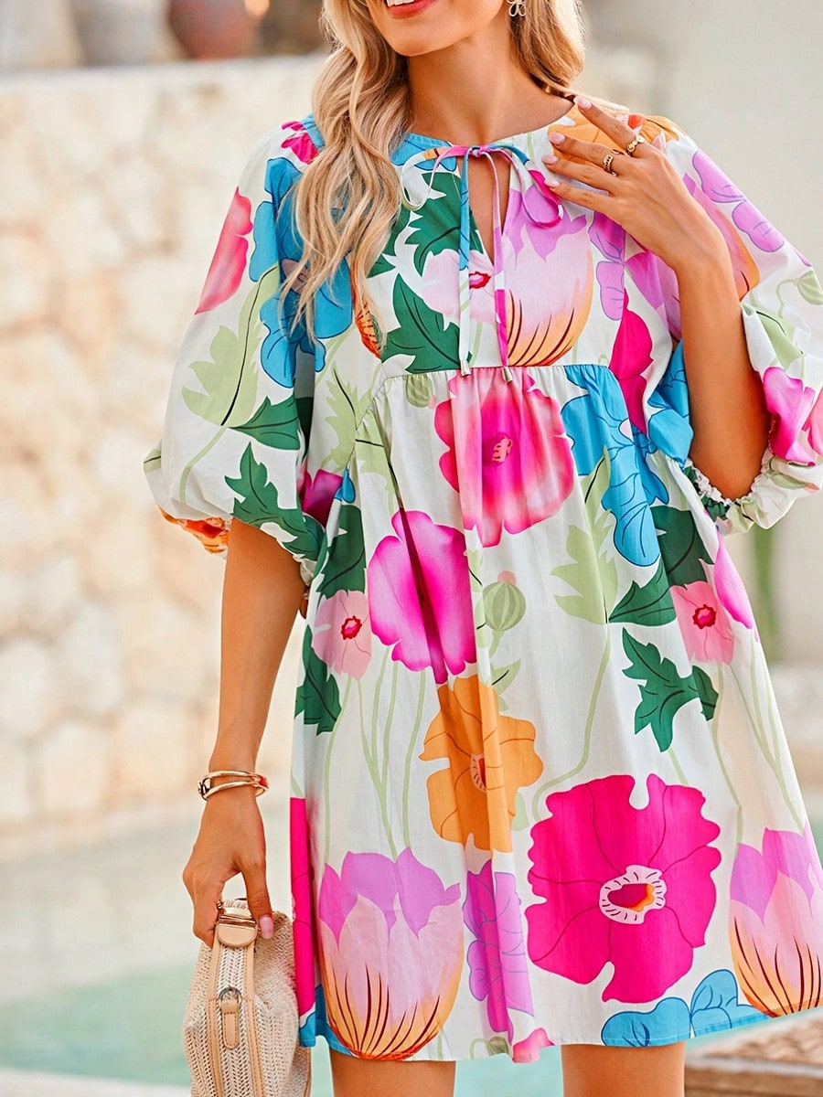 Boho Retro Vacation Cotton Ivory White Pink Green Floral Panel Tied Neck  Puff Lantern Sleeve Cool Summer Dress
