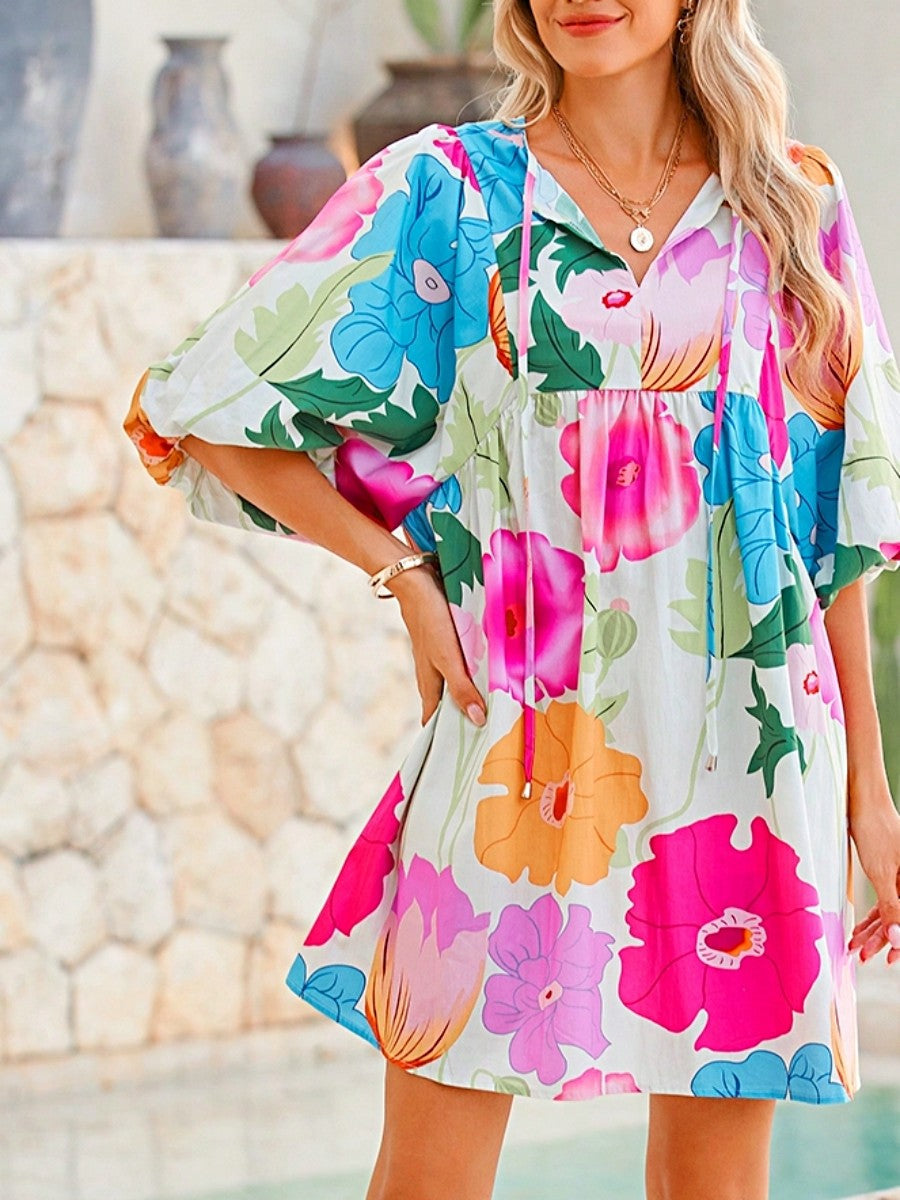 Boho Retro Vacation Cotton Ivory White Pink Green Floral Panel Tied Neck  Puff Lantern Sleeve Cool Summer Dress