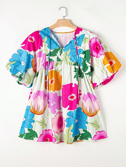 Boho Retro Vacation Cotton Ivory White Pink Green Floral Panel Tied Neck  Puff Lantern Sleeve Cool Summer Dress